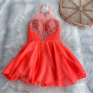 Mac Duggal Mini Sheer Halter Neck Jeweled Dress Coral Orange Sequins Puffy Skirt